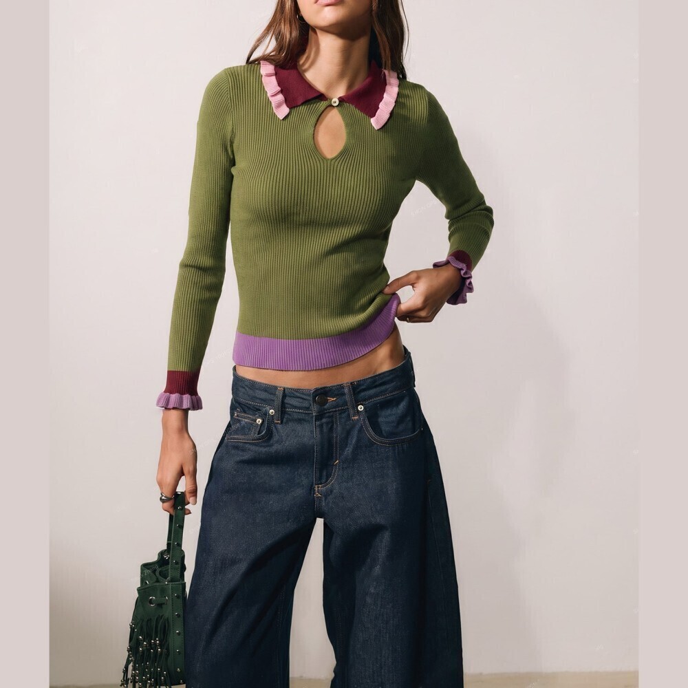 Olive Green Ribbed Knit Colorblock Ruffle Collar Keyhole Sweater - Picture 2 of 7